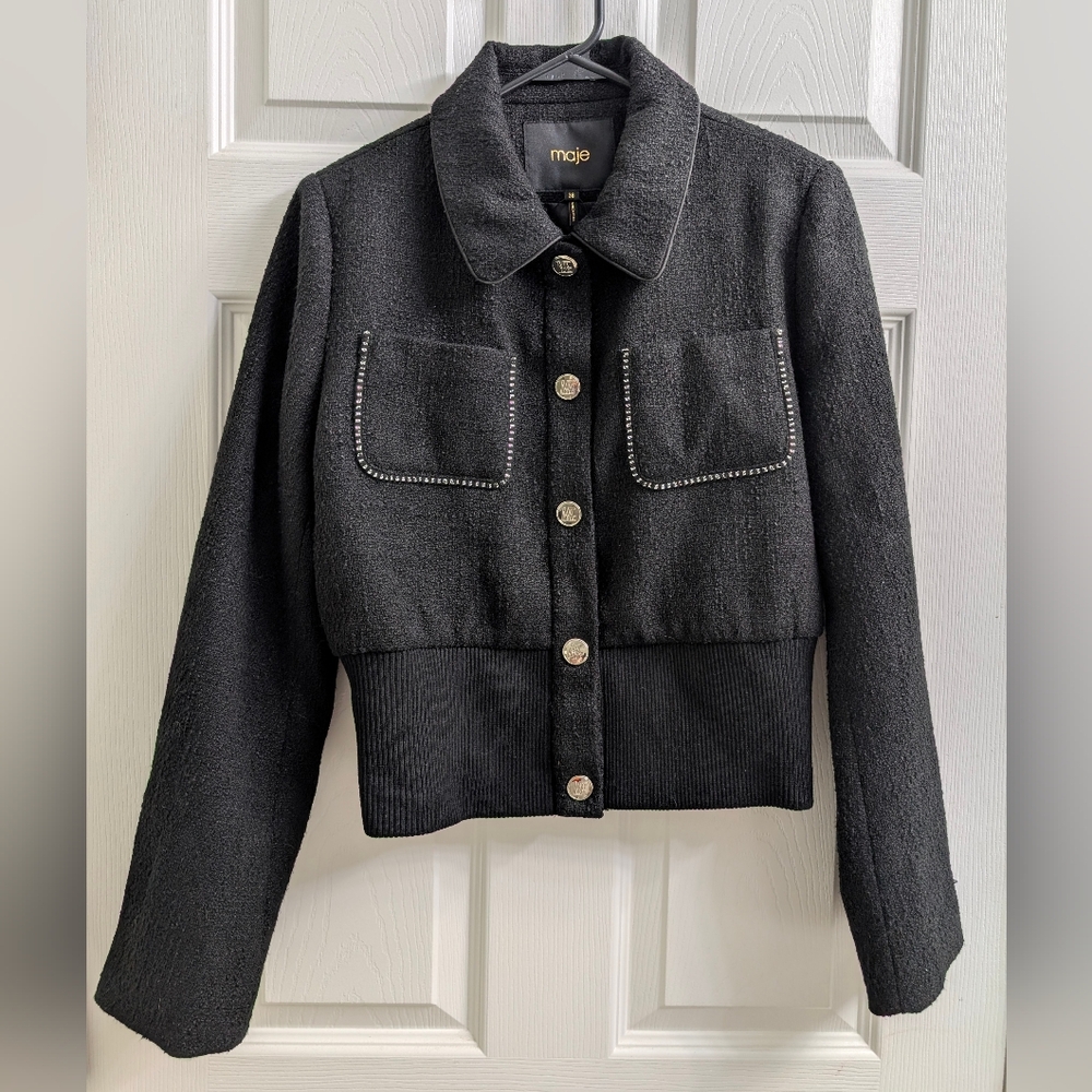 Maje Black Tweed Cropped Jacket with Crystal-Trim Pockets Size 38